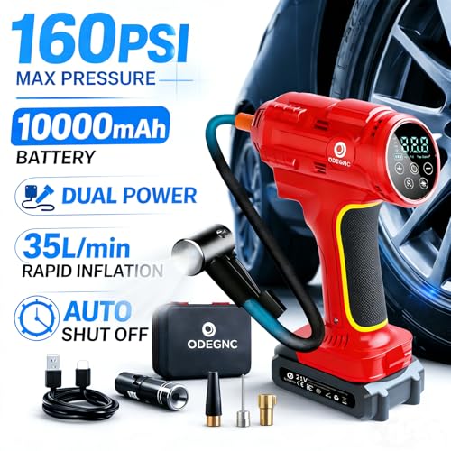 Cordless Air Compressor 160PSI Portable Tire Inflator with 10000mAh Battery & Dual Power System - 2X Faster (35L/min) Auto Shut Off Digital Gauge for Car SUV Truck RV - Red - color: Red