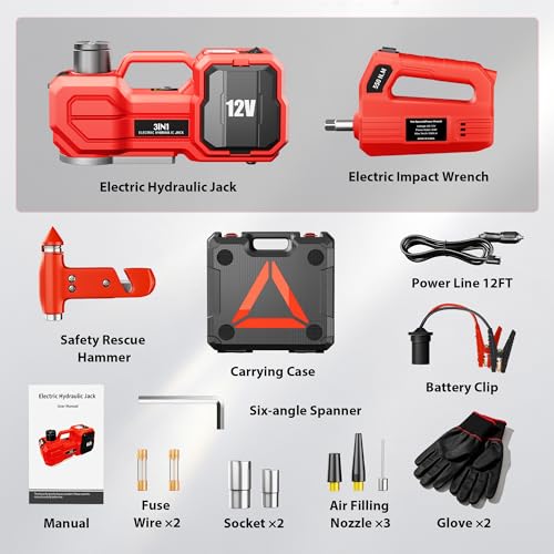 6T Electric Car Jack, 12V Portable Hydraulic Jack with Built-in Inflatable Pump, 550N·m Impact Wrench & LED Light, Lifting Height 6.1-17.7 Inch for SUV/Sedan/Truck/MPV Tire Change & Garage Repair - color: Red