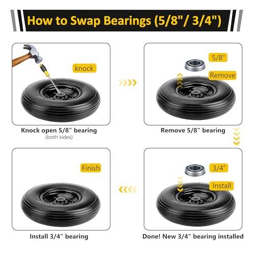 13 Inch No Flat Wheelbarrow Tire, 4.00-6 Flat Free Solid Replacement Wheel with 5/8" & 3/4" Bearings, 1.75"-6" Adjustable Hub for Wheelbarrow, Gorilla Cart, Garden Cart | 2-Pack