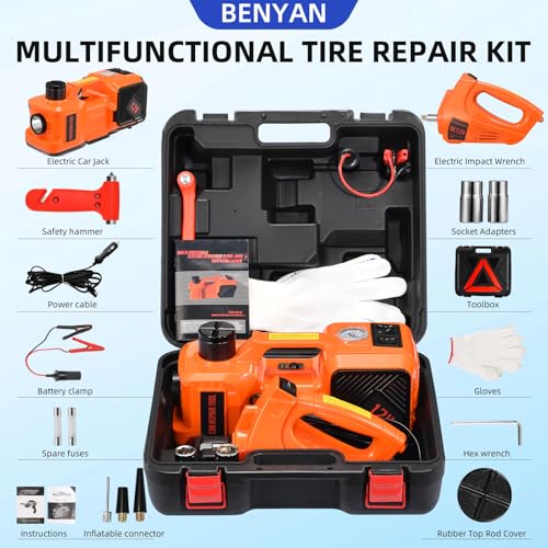 5 Ton 12V Electric Car Jack Hydraulic, 5-in-1 Portable Car Jack with Tire Inflator & Impact Wrench, LED Light Auto Stop Safety Lock for SUV MPV, Garage & Roadside Emergency Use - color: Orange