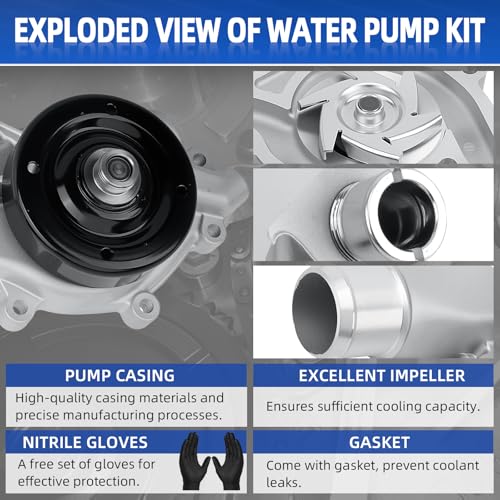 AW7160 Professional Water Pump Kit with Gasket and Installation Gloves, Compatible with Jeep Grand Cherokee 1993-1998 5.2L/5.9L V8, Dodge Ram1500, Dakota, Durango 3.9L V6 5.2L/5.9L V8 Engines - size: 1993-2003