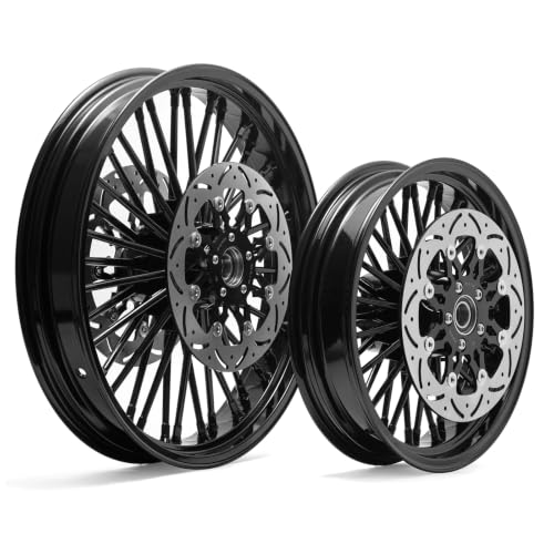 TOFR 21x3.5 16x3.5 Fat Spoke Black Wheels For Harley Touring Baggers 00-07 - color: Black Wheels + Floating Rotors, size: Front:21x3.5 Rear:16x3.5