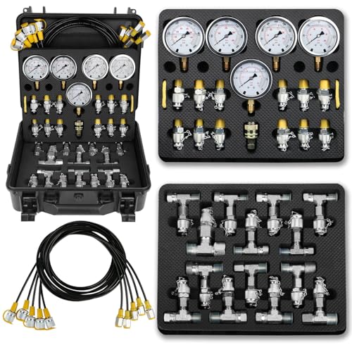 Hydraulic Pressure Test Kit, 5 Gauges 10/100/250/400/600bar, 13 Test Couplings & 14 Tees, Hydraulic Test Kit Compatible with CAT, John Deere, Komatsu, Hitachi, Kobelco Excavators & Loaders - style: 5 Gauges 13 Couplings