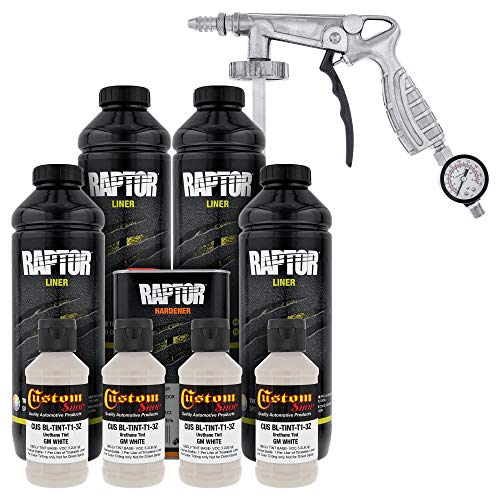 U-POL Raptor GM White Urethane Spray-On Truck Bed Liner Kit with Custom Coat Spray Gun with Regulator, 4 Liters