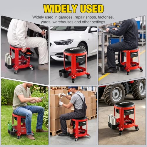 Nilight Rolling Mechanic Stool 300LBS Red Garage Seat with Dual Drawers - color: Black Red 300lbs
