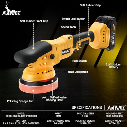 AUTIWOZ 무선 12.7cm(5인치) 랜덤 오비탈 자동차 버퍼 폴리셔 키트