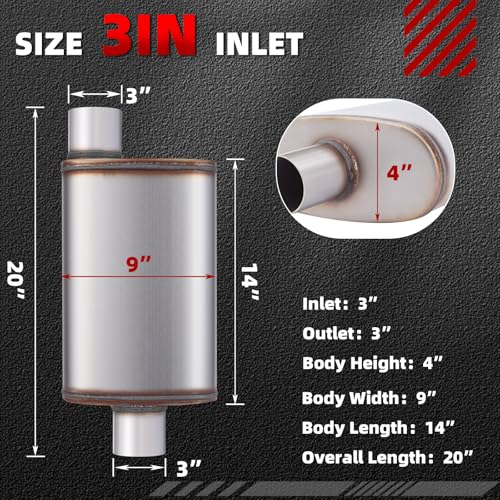 LCGP 3 in Universal Muffler, Performance Chamber Exhaust Muffler, 3" Center In/Offset Out, 20" Overall Length Straight-Through Performance with Stainless Steel Muffler for Truck, Cars(3''Inlet/Outlet) - color: Center In / Offset Out, size: 3 Inch