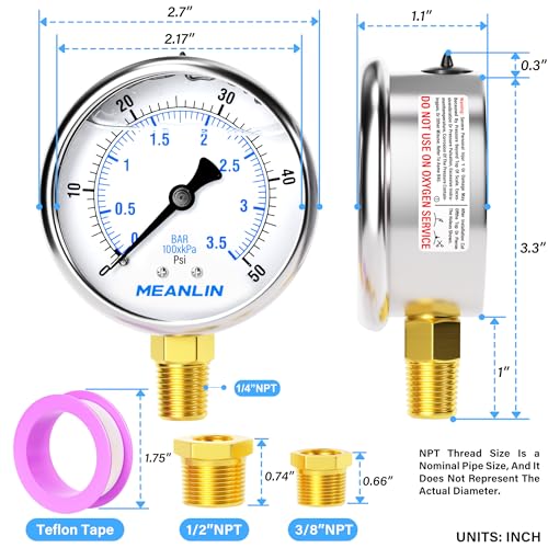 MEANLIN MEASURE 0~50Psi Stainless Steel 1/4" NPT 2.5" FACE DIAL Liquid Filled Pressure Gauge WOG Water Oil Air Lower Mount, with 1/2" NPT and 3/8" NPT Hex Bushing - size: 0-50Psi