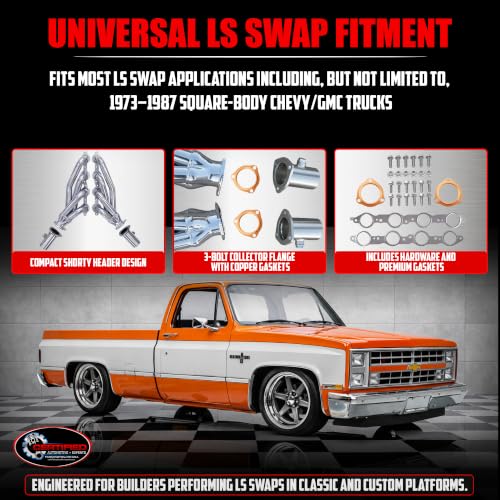 LS Swap Ceramic Coated Shorty Headers High Performance Thermal Barrier Coating Block Hugger Exhaust Headers MLS & Copper Gaskets 2.5 Inch 3 Bolt Collectors Fits 4.8 5.3 6.0 LS1 LS2 LS3 S10 C10 K10