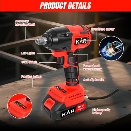 Karramlili 21V Brushless Impact Wrench 650Nm – 1/2" Cordless Impact Gun with 2x 4000mAh Batteries, Variable Speed 0-3000 RPM, 2-in-1 Impact Wrench & Drill, LED Light, Heavy Duty for Truck & Automotive