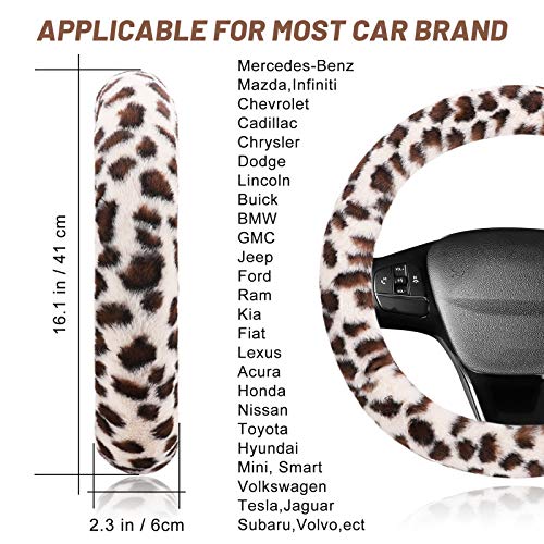 Fuzzy Steering Wheel Cover for Women Girls, Accmor Universal Fit 15 inch Fur Car Wheel Cover & Handbrake Cover & Gear Shift Cover Set, Fashion Leopard Winter Warm Fluffy Vehicle Wheel Protector - color: Beige/Dark Brown Leopard