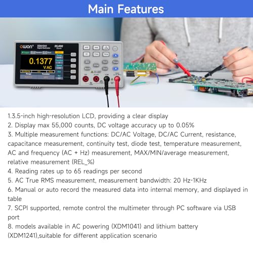 OWON Desktop Digital Multimeter with 3.5-inch LCD Display, Measures AC/DC Current, Voltage, and Temperature with True RMS Capability,Designed for Laboratories, Instruments, and Factories XDM1041 - style: XDM1041