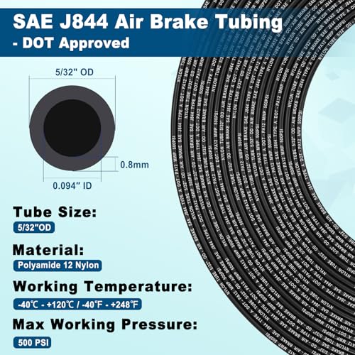 5/32" DOT Air Line, 100FT SAE J844 PA12 Nylon Air Tubing with Cutter - size: 5/32" OD 100FT