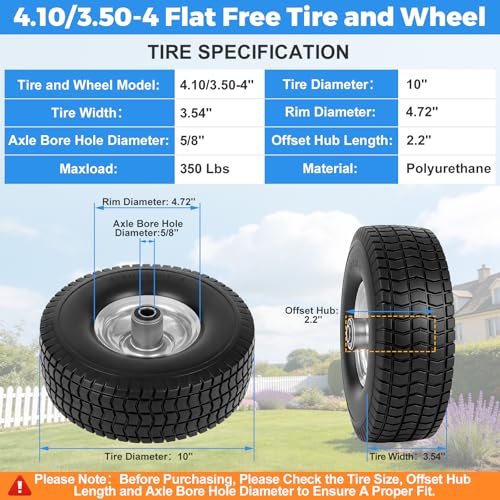 RRQ 4.10/3.50-4 Flat Free Tire and Wheel, 10" Heavy Duty Solid Tire, 2 Pack