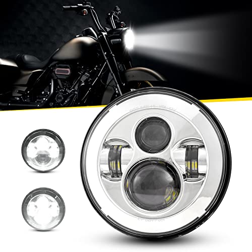 Dot Approved 7Inch Chrome LED Headlight Compatible with Haley Motorcycle Tour,FLD,Softail Heritage,Street Glide,Road King,Electra Glide,Yamaha V-Star Road Star Wrangler - color: Silver