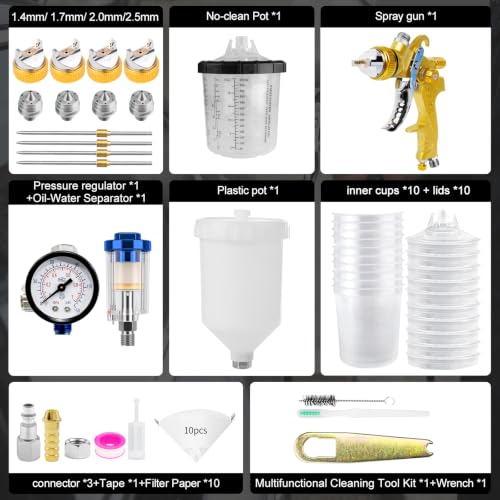 HVLP Spray Gun Kit with 10Pcs 650ML Disposable Paint Cups Car Paint Gun - color: Gold