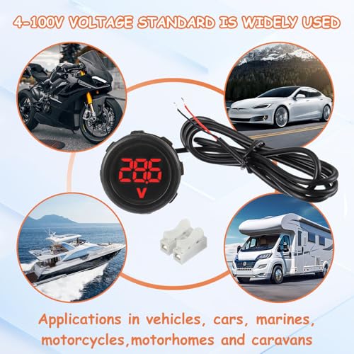 2 Pieces Waterproof DC 4V-100V Voltmeter Gauge (Red) - color: Red, size: Waterproof