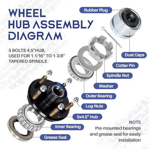 2 Sets Pre-Iubricated Trailer Hub Kits 5 on 4.5'' for 3500 lbs Axles - color: BLACK