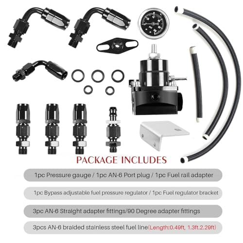 EFI Fuel Pressure Regulator Kit 0-100psi with Gauge 6AN Fuel Line Fitting Universal Adjustable Aluminum (Black) - color: black