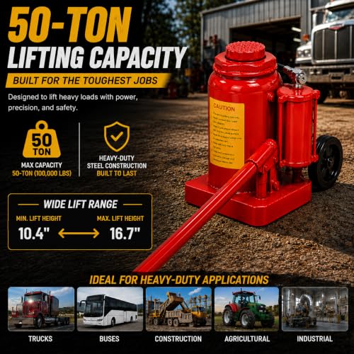Stark USA 50 Ton Air Hydraulic Jack, Industrial Pneumatic Bottle Jack with Long Handle & Wheels, Professional Heavy Equipment Lift for Semi Trucks, Buses, Trailers, RVs & Agricultural Machinery - size: 50 Tons Pneum Floor Jack