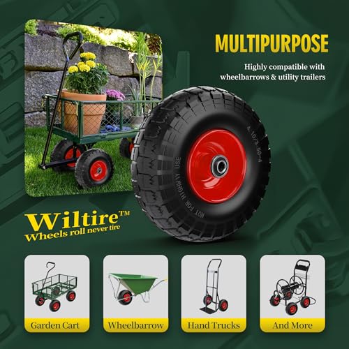 (2 Pack) 4.10/3.50-4 Flat Free Tire and Wheel 10-Inch Solid Wheel Replacement with 5/8 Bearings,2.2" Offset Hub -Compatible with Hand Truck,Wheelbarrow(Red) - color: Red