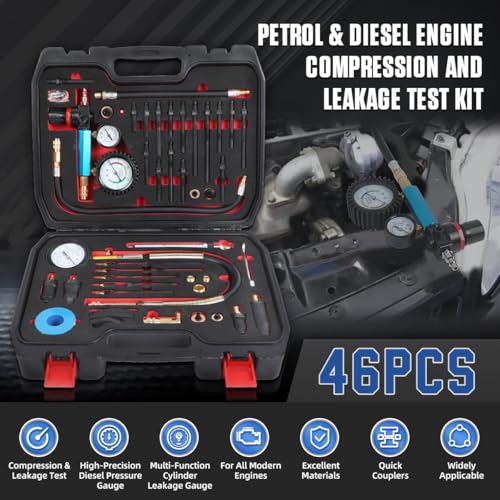 46PCS Compression and Leakage Test Kit Petrol & Diesel Compression Tester Kit Automotive Cylinder Leak Down Tester with Dual Gauge Engine Compression Tester Kit for HDI, TDCi, Pumpe Duse Engine