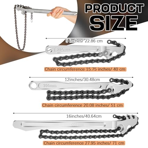 Lasnten 3 Pcs Large Reversible Chain Oil Filter Wrench with 12 16 9 Inch Chain Wrench Adjustable Heavy Duty Carbon Steel Sturdy Pipe Fitting Tool Spanner for Ratcheting Universal(Silver) - color: Silver