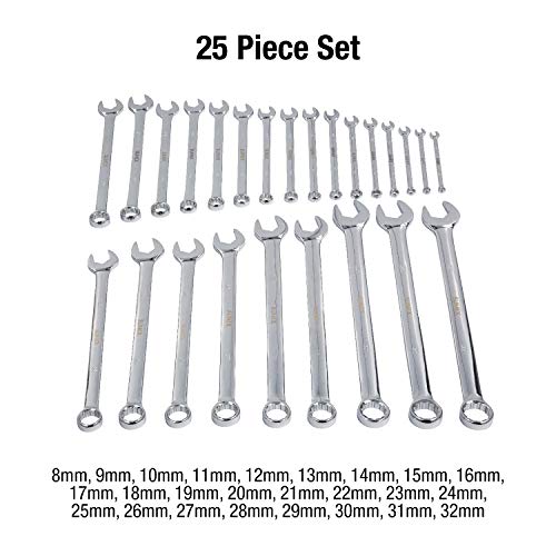 Sunex Tools 9917MPRA Metric V-Groove Combination Wrench Set, 8mm - 32mm, Fully Polished, 25-Piece (Includes Roll-Case)