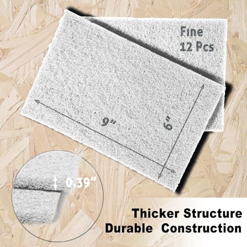 12-Pack 6"x9" Non-Woven Scuff Pads - Non-Abrasive for Post-scouring/Sanding Cleaning and Finishing, Paint Primer Prep - Automotive, Auto Body, Woodworking, Surface Preparation (White) - color: White
