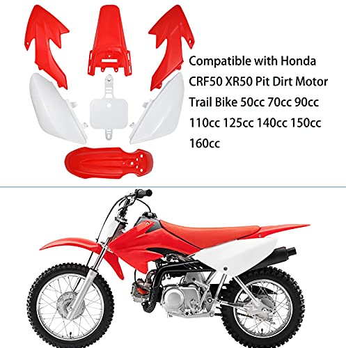 Kie CRF50 Plastic Kit XR50 Fender Kit Red White Fairing Fender Kit - Motorcycle Fender Fairing Body Work Kit Compatible with Honda CRF 50 XR 50 SDG SSR 107 110 125 Pit Dirt Bike