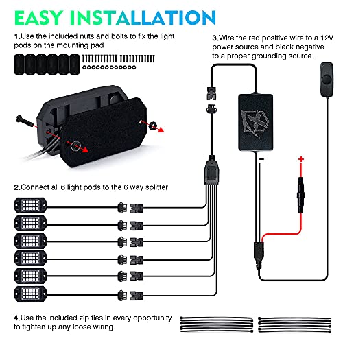 Xprite Bluetooth Rock Lights Multicolor Neon Accent Lights Underglow Kits - color: Standard Housing, size: 6 Pods