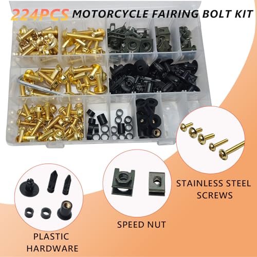224Pcs Motorcycle Fairing Bolt Kit Stainless Steel (Gold) - color: Gold