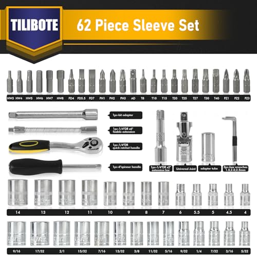 TILIBOTE Socket Wrench Set, 62PCS 1/4" Ratcheting Wrench Set With 72 Tooth count Ratchet, SAE & Metric From 5/32" - 9/16 ", 4mm - 14mm,tool Set For home And car,motorcycle,bike Repair - size: 1/4