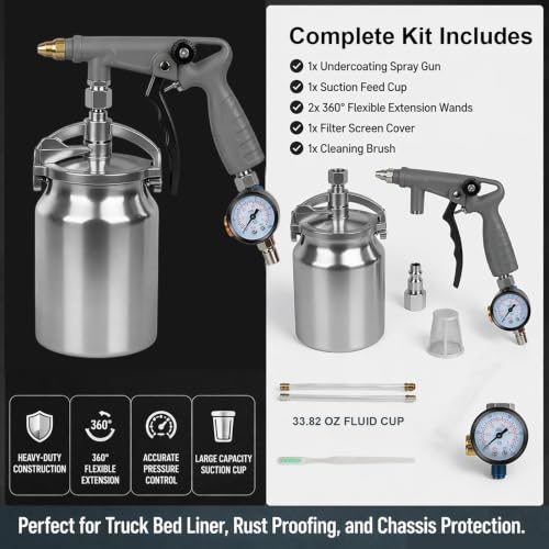 Undercoating Spray Gun with Suction Feed Cup,Rubberized Coating Sprayer with 360° Flexible Wand & Air Pressure Regulator for Truck Bed Liner Coating,Rust Proofing,Rubberized Undercoat(Gray)