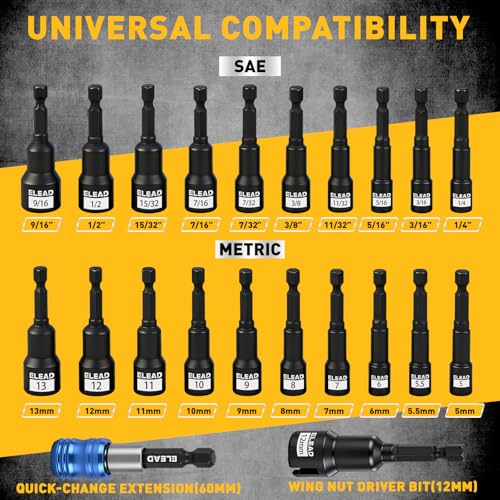 22-Piece Magnetic Nut Driver Set, Metric & SAE (5-13mm & 1/4"-9/16"), 65mm Long, 1/4" Hex Shank Drill Socket Set, Wing Nut-Driver Bit, Quick-change Extension, Magnetic Aluminum Storage Rail - color: 22-piece Nut Driver Set