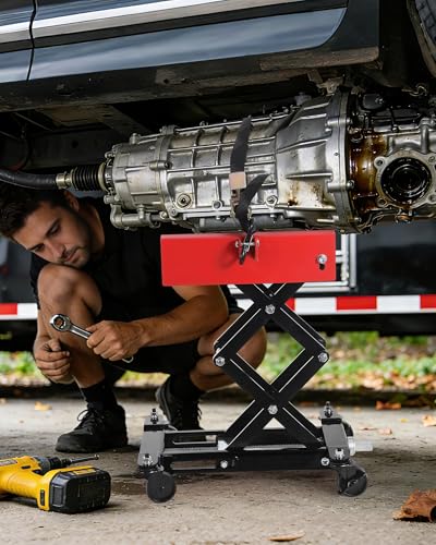 450 LBS Low Profile Transmission Jack, Heavy Duty Auto Repair Lifting Jack with Safety Straps & 4 Swivel Wheels, 7-23 Inch Height Range, Black - color: Black