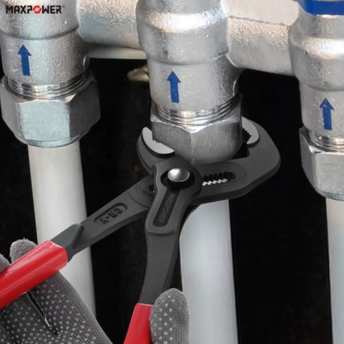 MAXPOWER 10" & 12" Tongue and Groove Pliers, Push-Button Adjust, V-Jaw - size: 10,12-inch