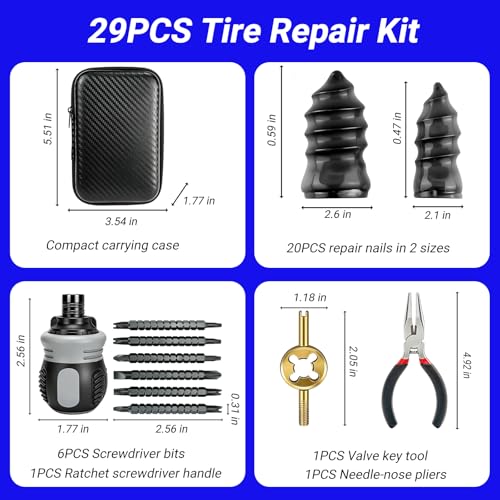 29PCS Tire Repair Rubber Nail Kit, Premium Spiral Screw-in Tire Plugs with 2 Sizes, Tire Repair Kit Emergency Roadside Flat Tire Fix Tool for Car Truck Motorcycle Tractor ATV SUV - size: 29 PCS + Screwdriver
