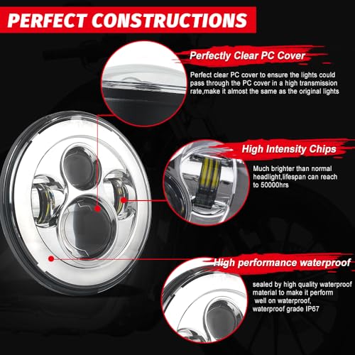 7 Inch Classic 4-Projector LED Motorcycle Headlight, Chrome Round Headlamp Compatible with Harley Davidson Street Glide Road King Electra Glide Ultra Limited Fat Boy Heritage Softail - color: Chrome