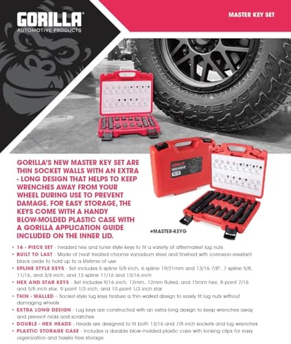 GORILLA Automotive 16-Piece Locking Lug Nut Master Key Set of Spline Star and Hex Style Keys, Wheel Lock Removal Kit, Thin-Walled and Extra Long Lug Keys to Prevent Damage to Wheels Double-Hex Heads