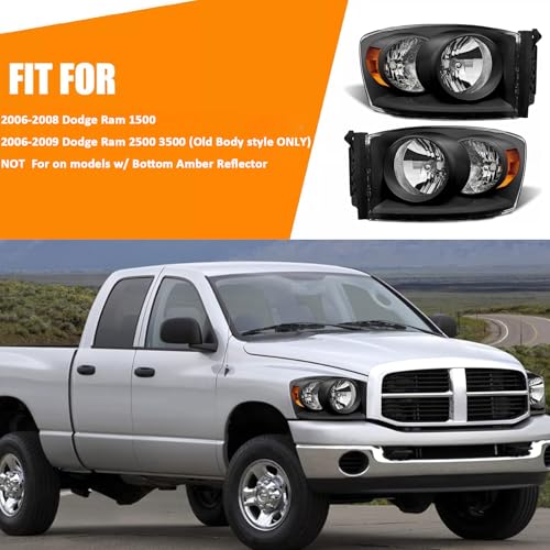Headlights Assembly Compatible with 2006 2007 2008 Dodge Ram 1500, 06 07 08 09 Dodge Ram 2500 3500 Head Lights Headlamp Pair, Black Housing Amber Corner - color: Black Amber Headlight