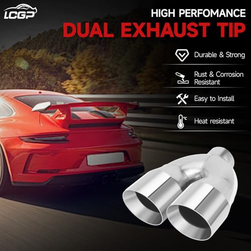 LCGP Dual Exhaust Tip 2.5 Inch Inlet 4 Inch Outlet 9.5" Length, Polished Stainless Exhaust Tip, Double Wall Weld-on Angle Cut, Universal Tailpipe for Car Truck - size: 2.5 x 4 x 9.5 inch