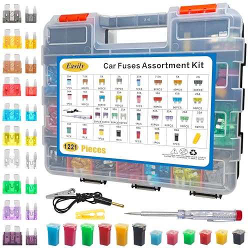 1221PCS Car Fuse Assortment Kit Mini &Standard Blade Tall/STD Profile Box Shaped Automotive Fuses with Fuse Puller and Circuit Tester, for Cars Trucks SUVs Boats, Double Sided Organizer