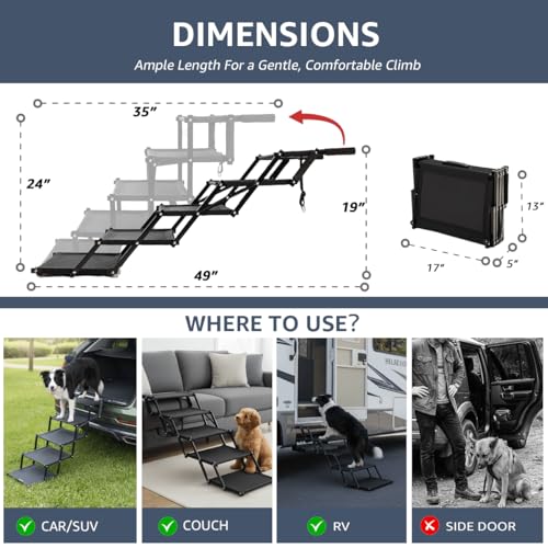 Oiilores Foldable Dog Stairs for Large Dogs - Extra Wide Pet Ramp for Cars, SUV, Non-Slip Surface, Supports Up to 250 Lbs, 5 Steps - size: 5 Steps
