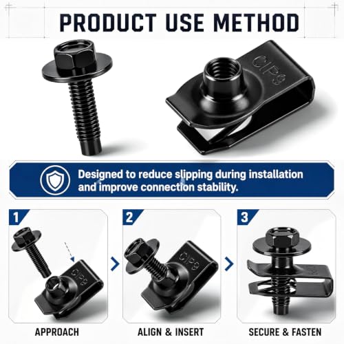 100PCS Automotive Body Bolt & U Nut Kit, M6-1.0 Hex Head Screws with Extruded U-Nuts Clips, Fender Liner, Splash Shield, Engine Under Cover, Bumper & Hood Fastener Assortment (50 Sets) - color: Black M6 x 1.0