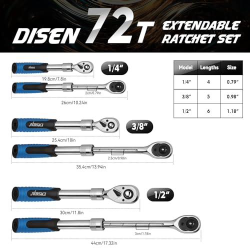 DISEN 3PCS Extendable Ratchet Wrench Set,1/4" 3/8" 1/2" Drive 72-Tooth, Quick-Release, Reversible Drive Socket Wrenches,Soft Grip Handle with Storage Tray - color: Extendable Ratchet Set