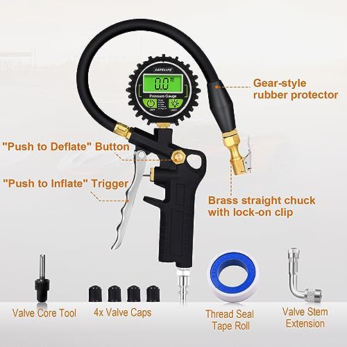 SAFELIFE Digital Tire Pressure Gauge with Inflator, 250 PSI Air Chuck with Pressure Gauge and Air Compressor Tire Inflator Attachment Include Quick Connect Coupler, 0.1 Display Resolution