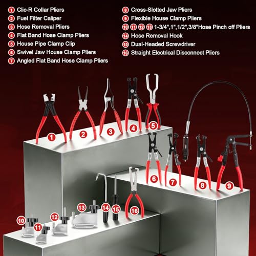 18PCS Hose Clamp Pliers, Hose Clamp Removal Tool Kit with Long Reach & Flexible Wire Tools for Fuel, Oil, Coolant, Radiator Hoses and Electrical Disconnect
