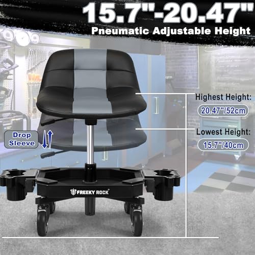Rolling Stool with Wheels, Adjustable Height Pneumatic Garage Work Mechanic Stool Seat with Backrest, 400 LBS Capacity 360° Swivel Mechanic Crepper Chair with Tool Tray Storage, Gray - color: Carbon Fiber Gray