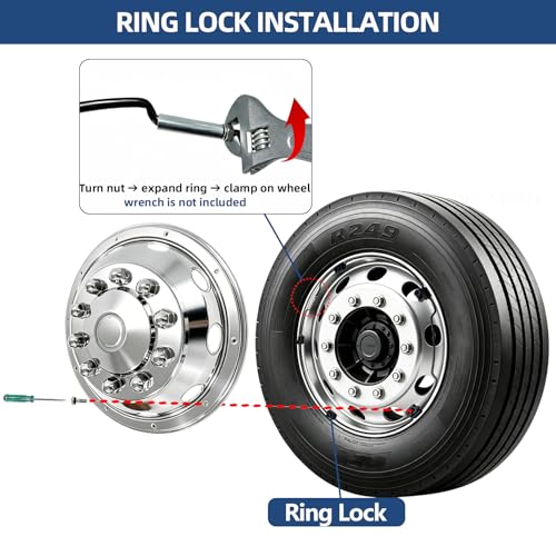 hightall 22.5" Wheel Simulators,Stainless Steel Hubcaps,Polished Surface,2 Front+2 Rear Wheel,Locking Ring Installation Wheel Cover Set Compatible with US Single Rear Axle Semi Truck 4 Wheels - size: 22.5 "For Semi Truck Single Rear Axle